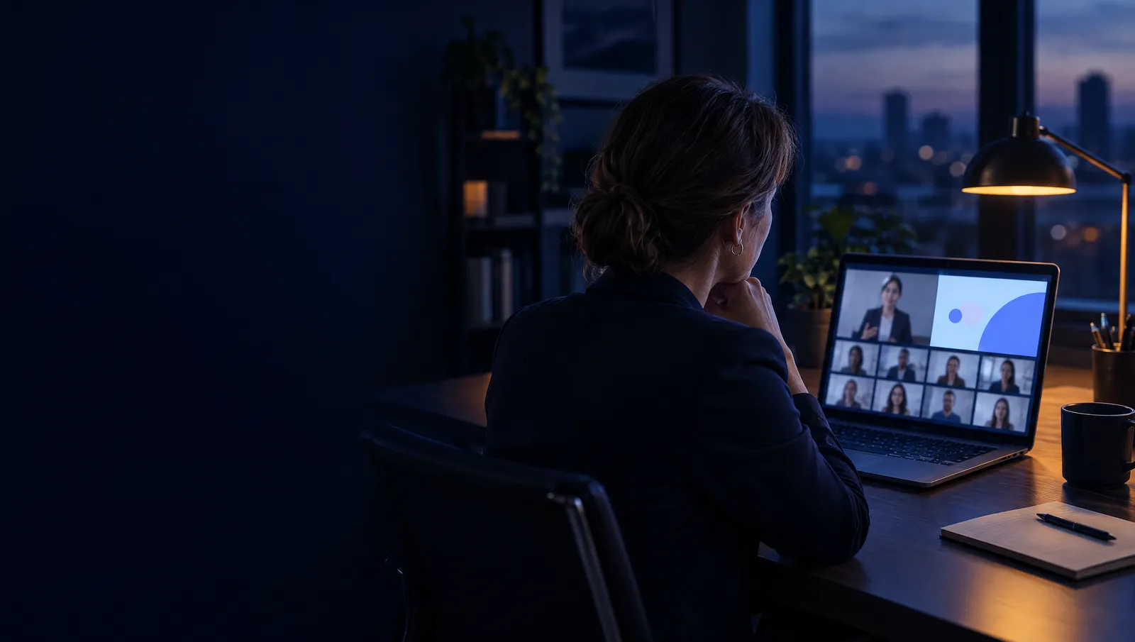 Une dirigeante suit un webinaire en ligne depuis son bureau, la mosaïque des participants à l’écran.